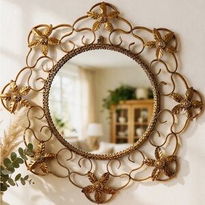 Vintage Gold Floral Metal Wall Mirror - Elegant Home Wall Decor